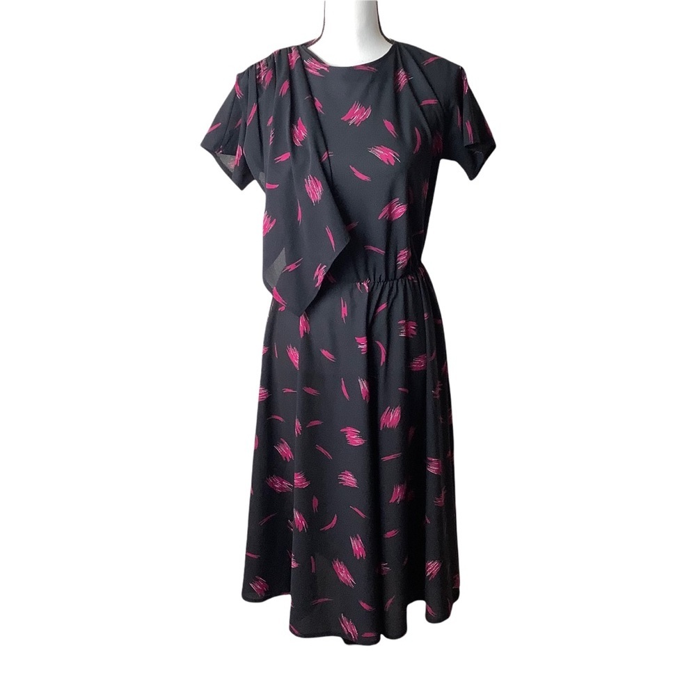 Vintage 70s Black/Pink‎ Short Sleeve Scarf Detail Midi Dress Size S/M